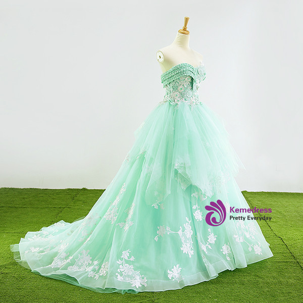 Green Ball Gown Tulle Sweetheart Appliques Wedding Dress