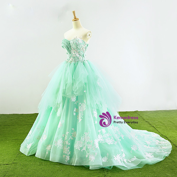 Green Ball Gown Tulle Sweetheart Appliques Wedding Dress