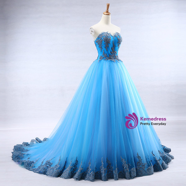 Blue Tulle Sweetheart Backless Appliques Wedding Dress