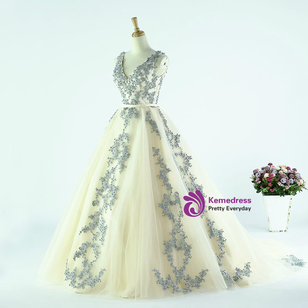 Champagne Deep V-neck Backless Appliques Wedding Dress