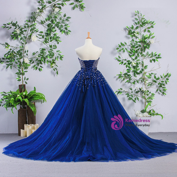Luxury Blue Tulle Beading Strapless Bling Bling Wedding Dress