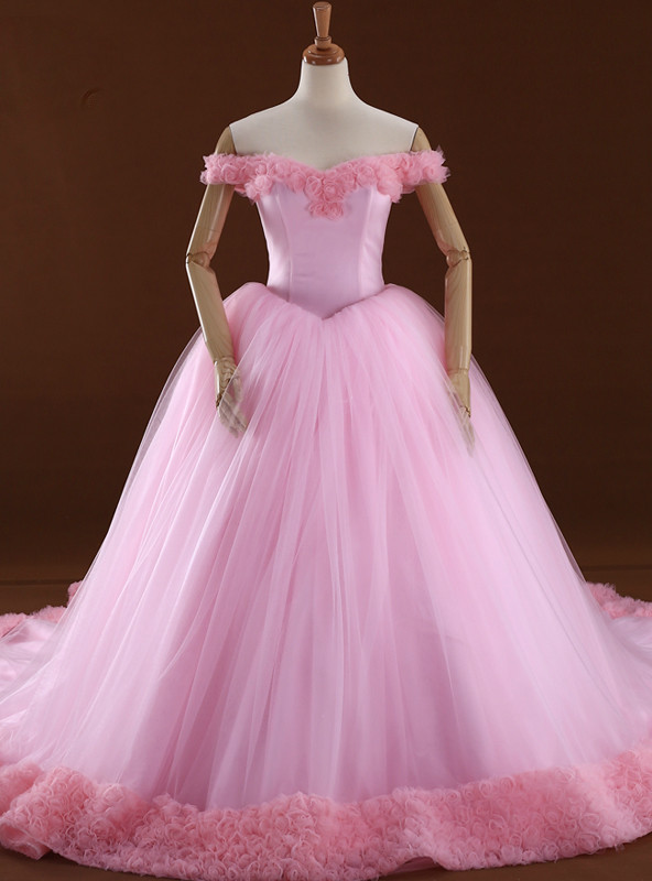Pink Ball Gown Off The Shoulder Backless Tulle Wedding Dress