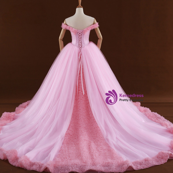 Pink Ball Gown Off The Shoulder Backless Tulle Wedding Dress