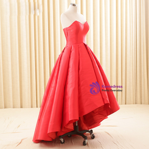 Simple Red Hi Lo Satin Sweetheart Backless Wedding Dress