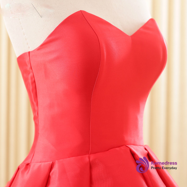 Simple Red Hi Lo Satin Sweetheart Backless Wedding Dress