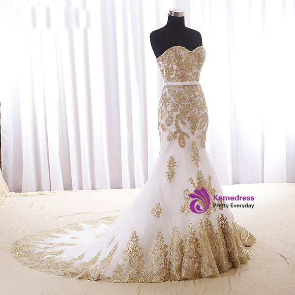 Mermaid White Tulle Gold Lace Sweetheart Wedding Dress