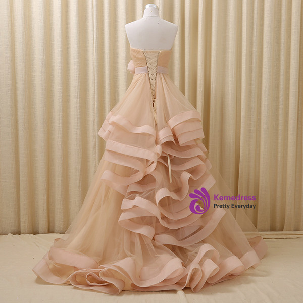 Champagne Tulle With Flower Strapless Backless Wedding Dress