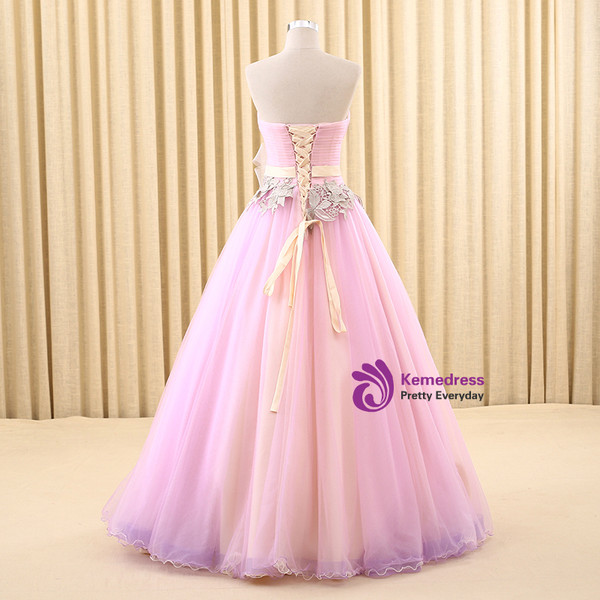 Pink Tulle Sweetheart Pleats With Flower Wedding Dress