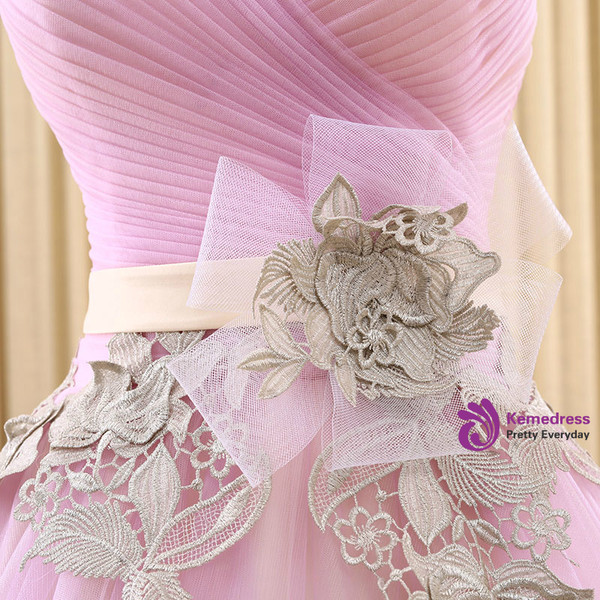 Pink Tulle Sweetheart Pleats With Flower Wedding Dress