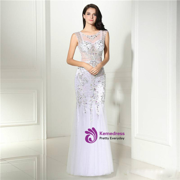 Mermaid White Sleeveless Rhinestone Beaded White Evening Dress