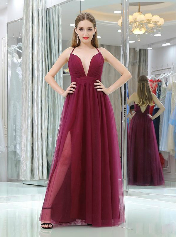 Burgundy Pasta Strap Tulle Back Cross Floor Length Prom Dress