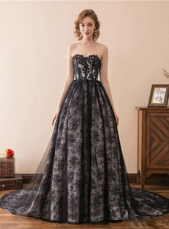 Black Sweetheart Lace Sweetheart Neck Backless Prom Dress