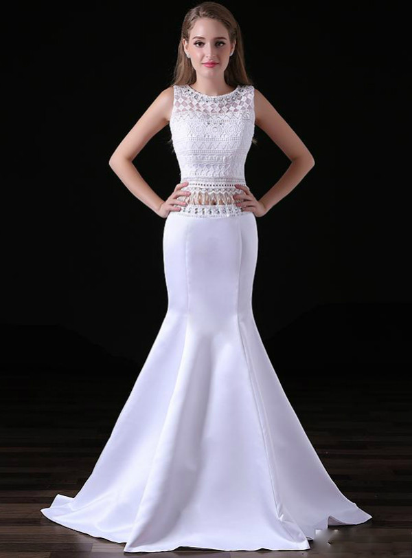 White Mermaid Two Piece White Satin Lace Prom Dress
