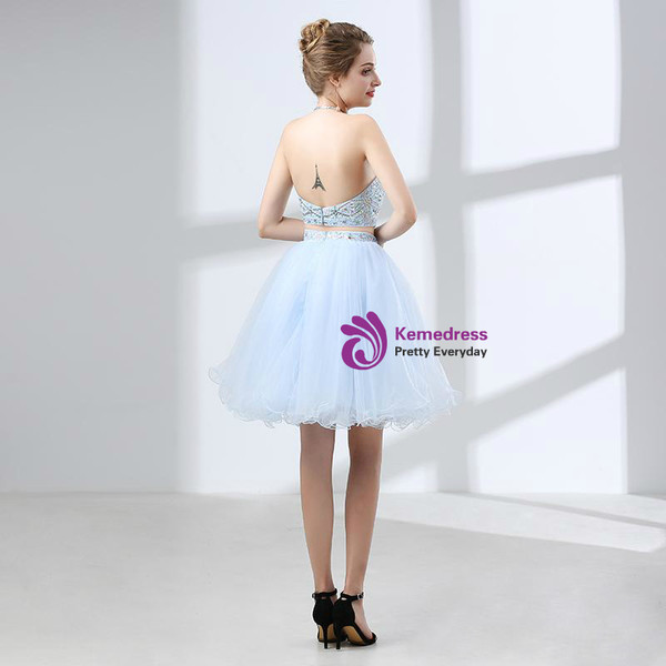 Blue Two Piece Halter Backless Tulle Beading Cocktail Dress