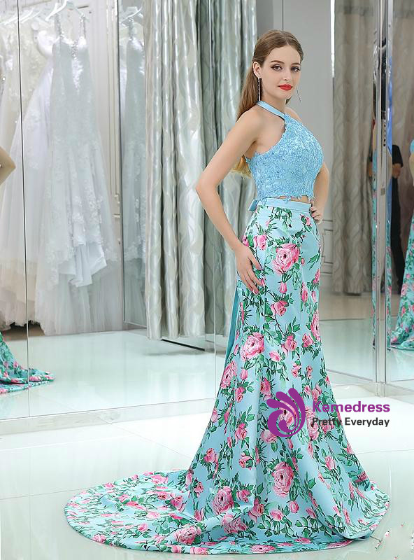 Mermaid Light Blue Two Piece Halter  Satin Lace Prom Dress