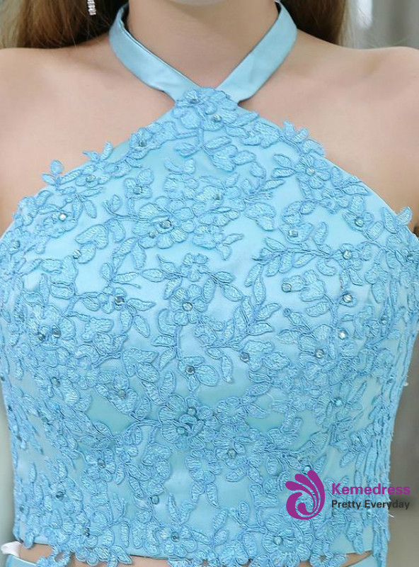 Mermaid Light Blue Two Piece Halter  Satin Lace Prom Dress