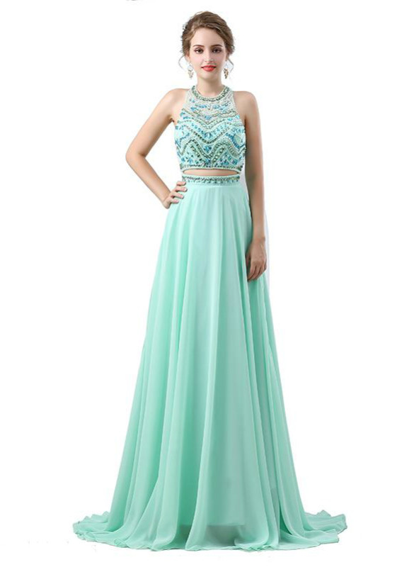 Green Halter Two Piece Backless Chiffon Floor Length Prom Dress