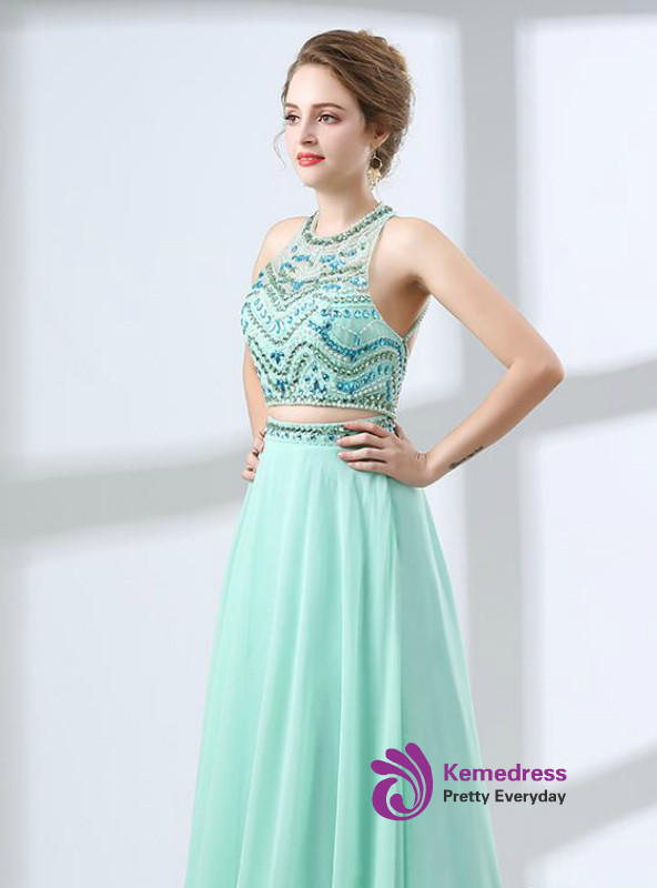 Green Halter Two Piece Backless Chiffon Floor Length Prom Dress