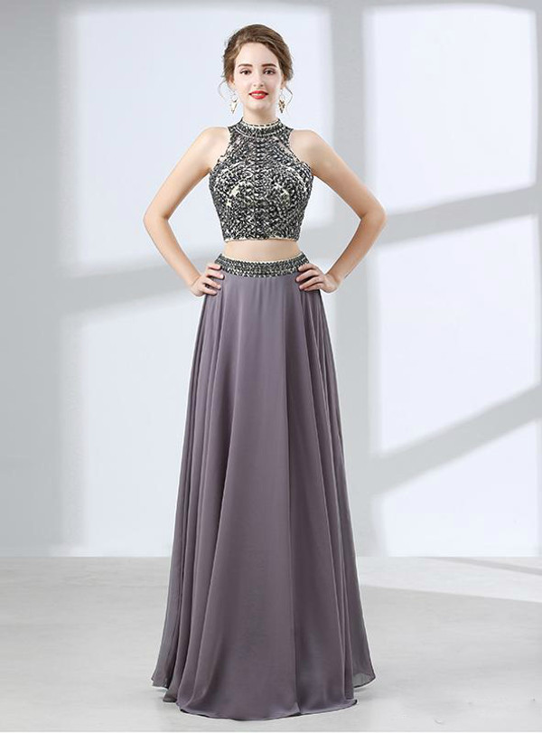 Gray Two Piece High Neck Chiffon Backless Floor Length Prom Dress