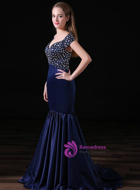 Dark Blue Mermaid Satin Off The Shoulder Prom Dress With Beading