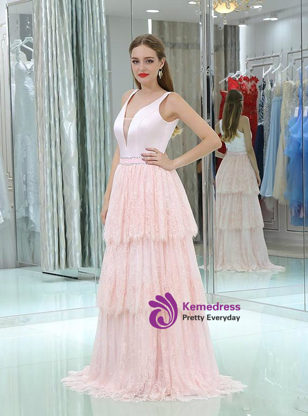 Sweet Pink Lace Satin Deep V-neck Floor Length Prom Dress