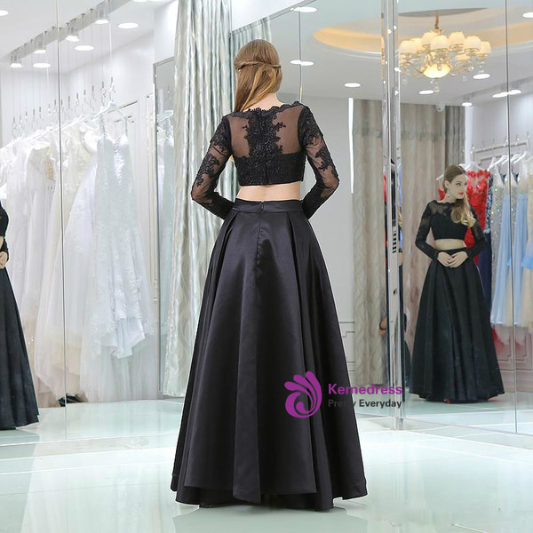 Black Satin Two Piece Long Sleeve Floor Length Prom Dress