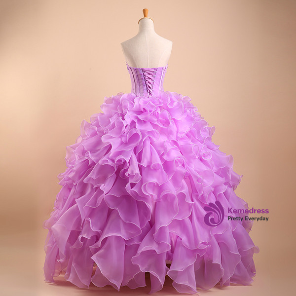Purple Sweetheart Ball Gown Applique Top Beaded Backless Long Quinceanera Dresses