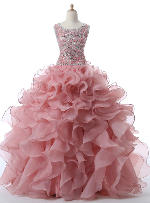 Organza Ruffled Pink Sleeveless Rhinestones Crystals Sequins Sweet 16 Dresses