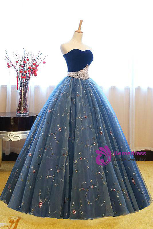 Blue Ball Gown Tulle Floor Length Strapless Princess Quinceanera Dresses