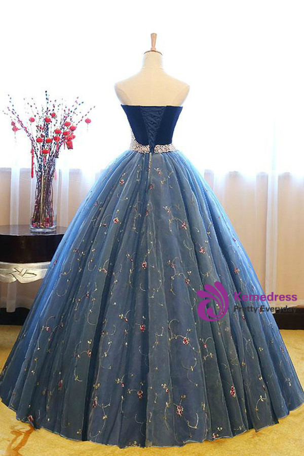 Blue Ball Gown Tulle Floor Length Strapless Princess Quinceanera Dresses