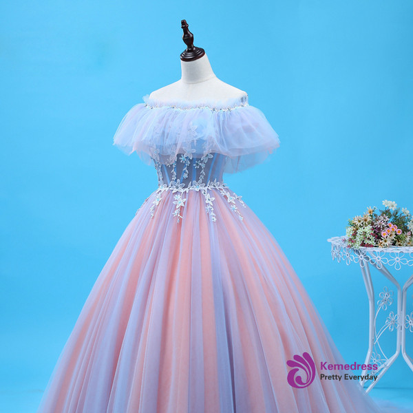 Ball Gown Pink Tulle Off The Shoulder Prom Dress