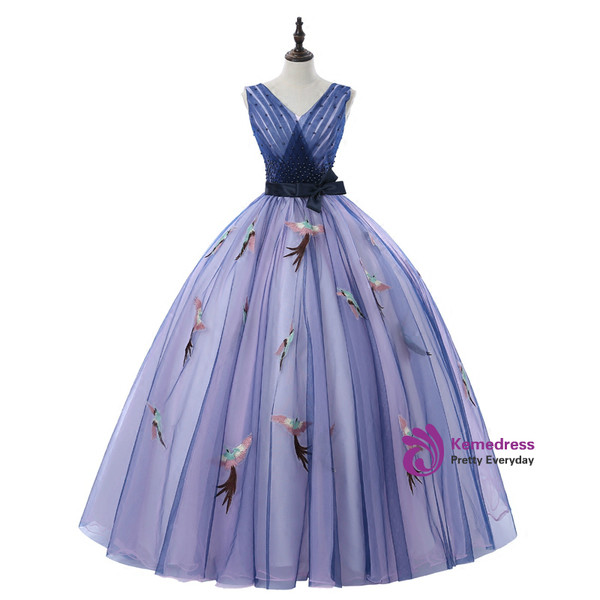 In Stock:Ship in 48 hours Ready To Ship Blue V-neck Tulle Quinceanera Dresses