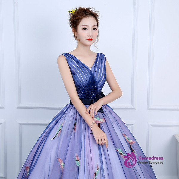 In Stock:Ship in 48 hours Ready To Ship Blue V-neck Tulle Quinceanera Dresses