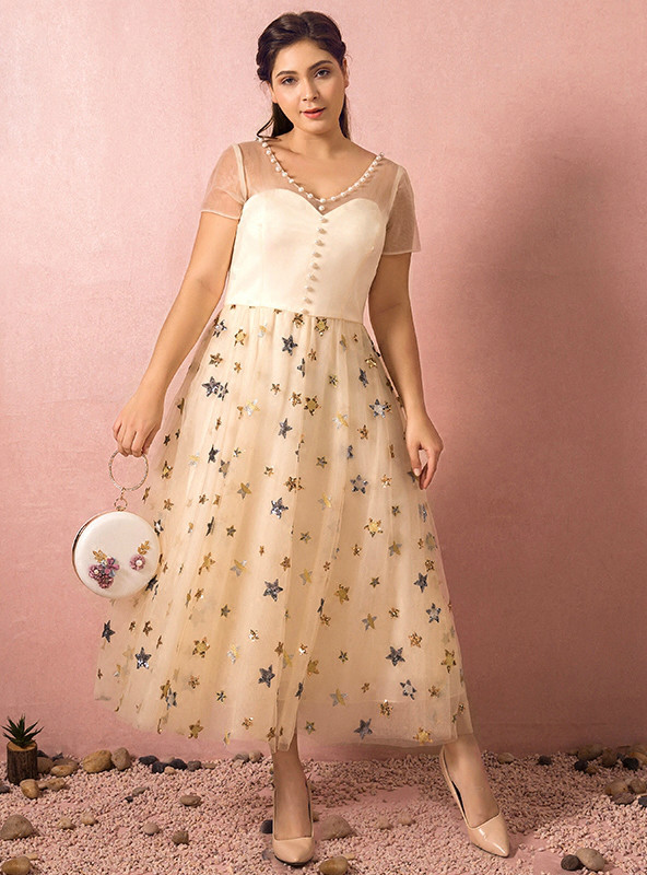 Plus Size Yellow Tea Length Tulle Short Sleeve Prom Dress