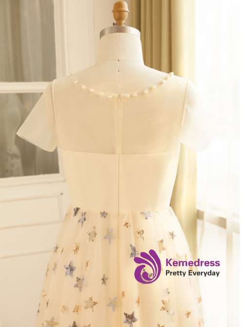 Plus Size Yellow Tea Length Tulle Short Sleeve Prom Dress