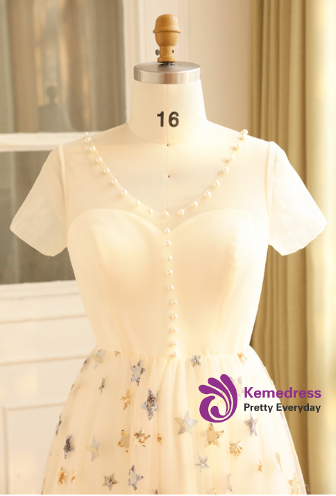 Plus Size Yellow Tea Length Tulle Short Sleeve Prom Dress