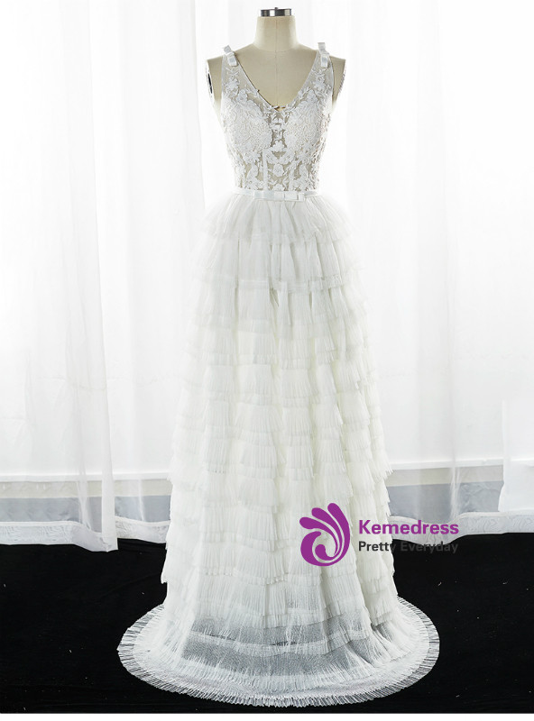 Sexy White Tulle Lace V-neck Backless Ruffle Wedding Dress