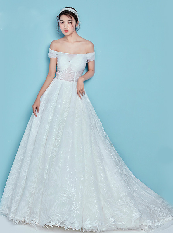 White Ball Gown Tulle Off The Shoulder Backless Wedding Dress