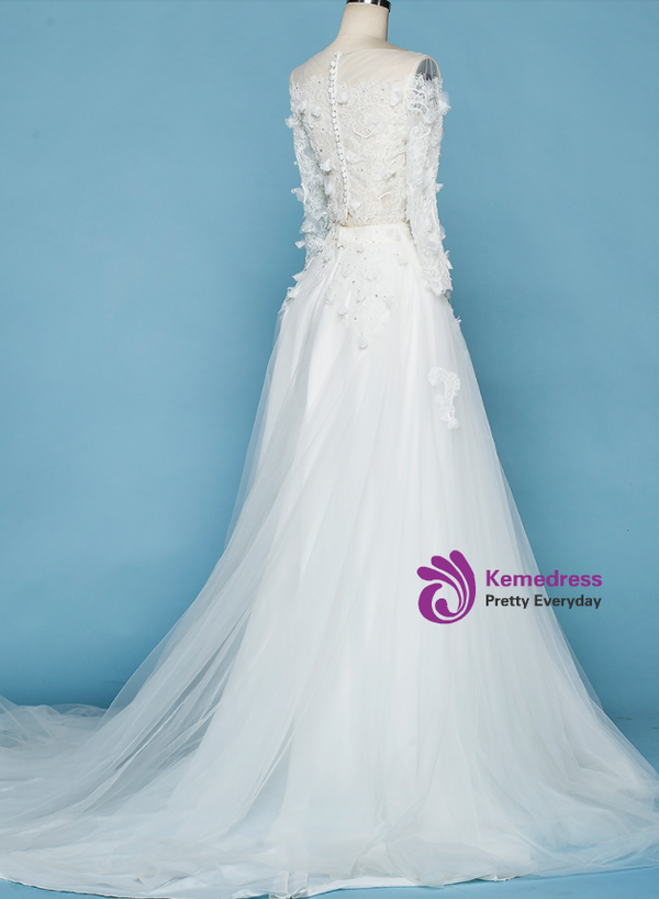 White Two Piece Tulle Long Sleeve Appliques Wedding Dress
