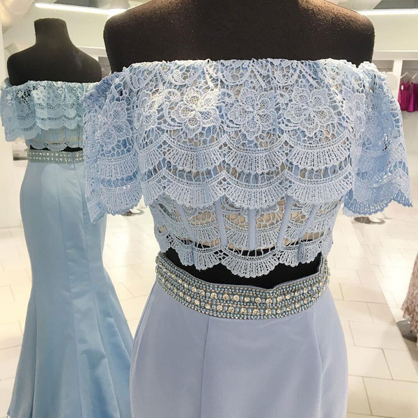 Blue Two-Piece Off-the-Shoulder Lace Mermaid Long Prom Dress