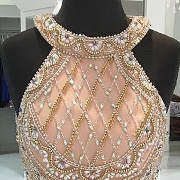 Pink Two Piece Satin Halter Backless With Beading Prom Dress