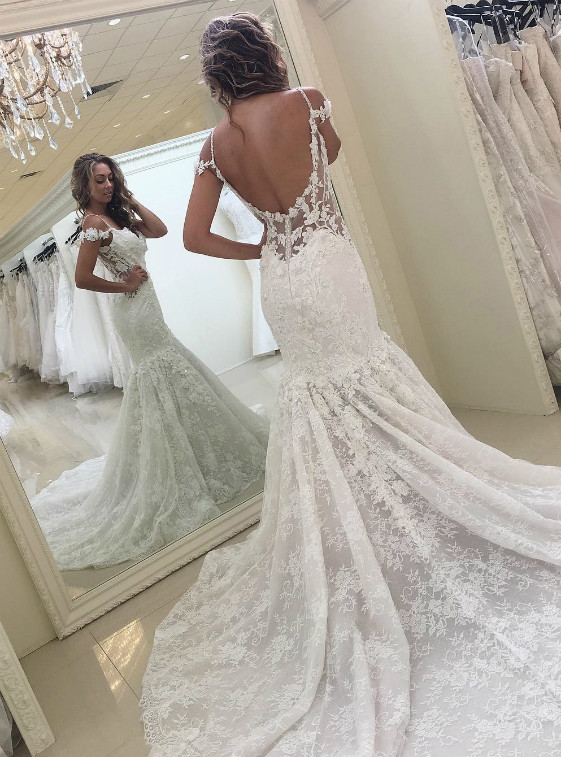 Straps White Lace Mermaid Lace Backless Long Bridal Dress