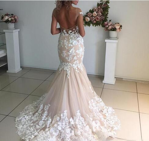 Cap Sleeve Mermaid Sheer Neck Lace Appliques Wedding Dress