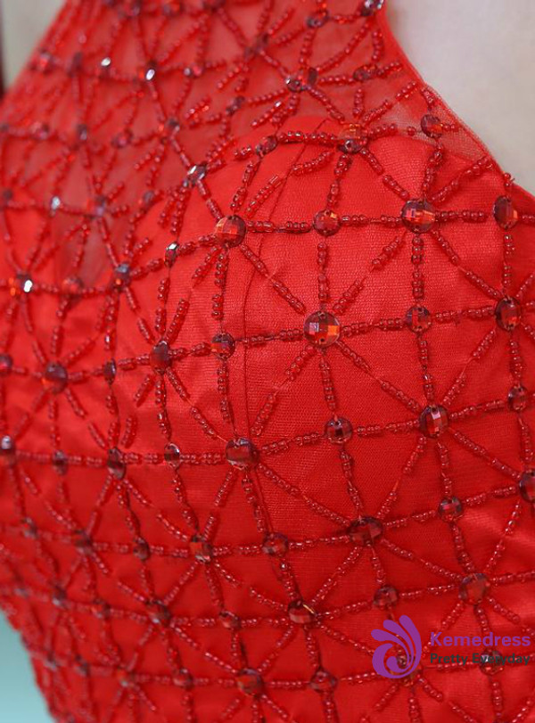 Red High Neck Tulle Knee Length Beading Homecoming Dress