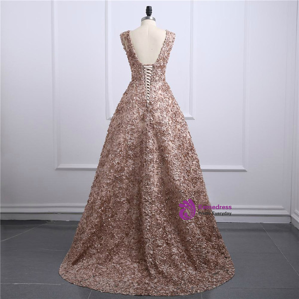 Brown A line Lace V Neckline Long Long Prom Dresses