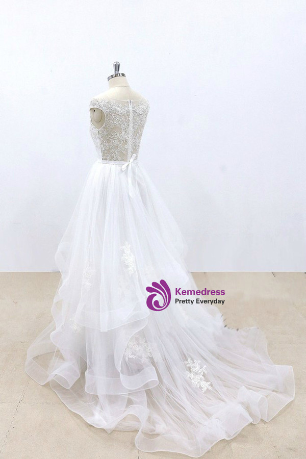 White Tulle Lace Appliques Cap Sleeve Wedding Dress