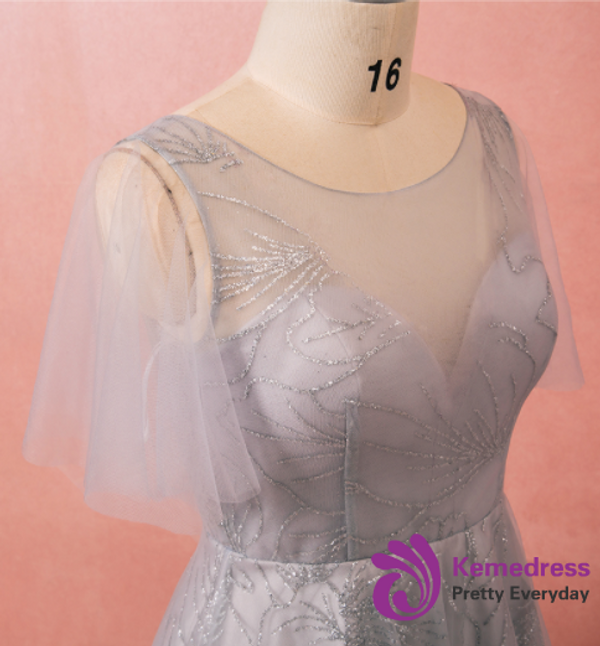 Plus Size Sexy Gray Tulle Sequins Short Sleeve Prom Dress