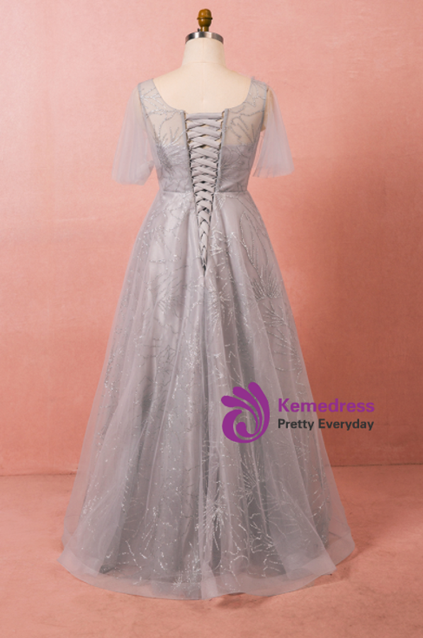 Plus Size Sexy Gray Tulle Sequins Short Sleeve Prom Dress