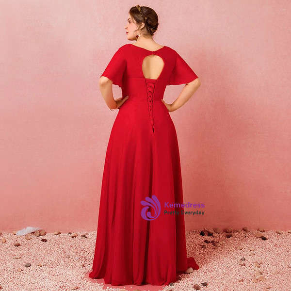 Plus Size Red Chiffon V-neck Backless Pleat Prom Dress
