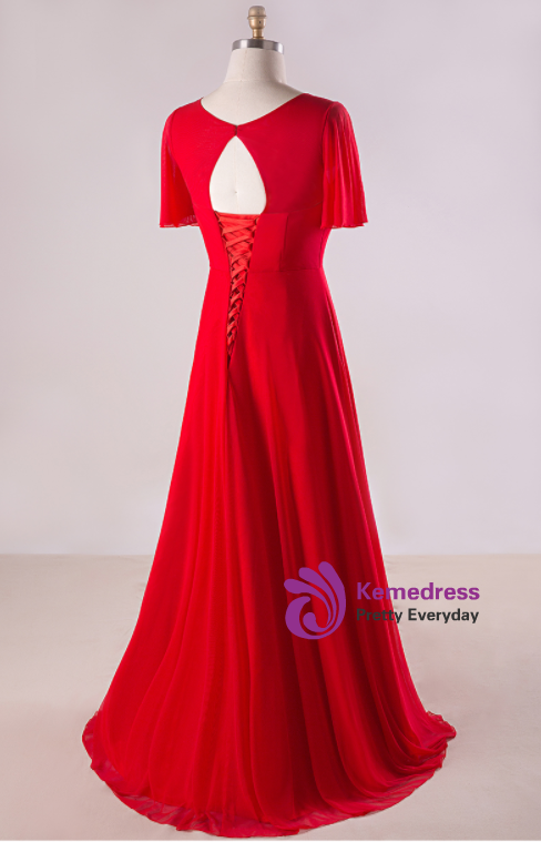 Plus Size Red Chiffon V-neck Backless Pleat Prom Dress